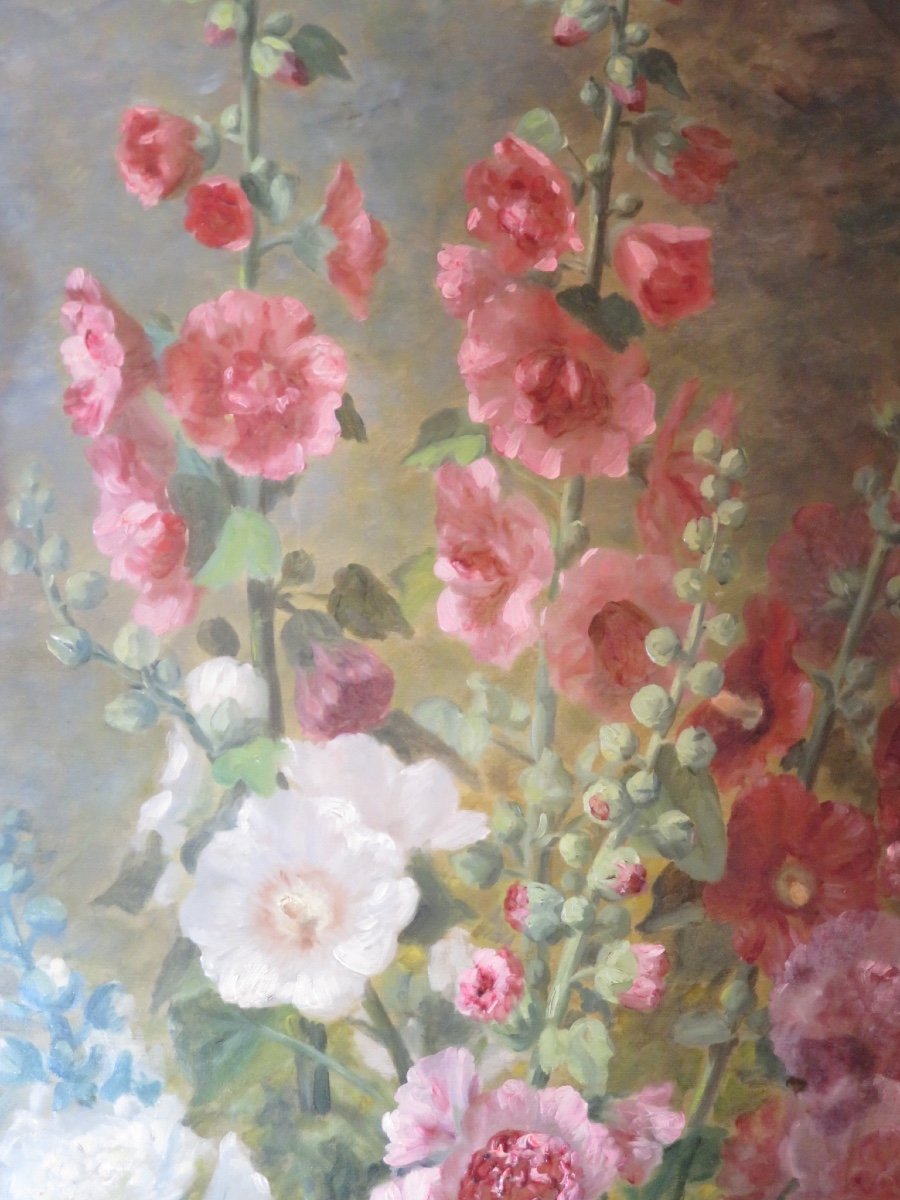 C . Brongniart , huile sur toile ,  grand bouquet  de roses trémières  ( Ht 1,45mX75 cm) XIXème-photo-3