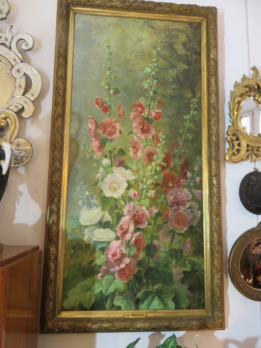 C . Brongniart , huile sur toile ,  grand bouquet  de roses trémières  ( Ht 1,45mX75 cm) XIXème-photo-4