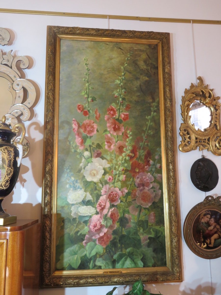 C . Brongniart , huile sur toile ,  grand bouquet  de roses trémières  ( Ht 1,45mX75 cm) XIXème