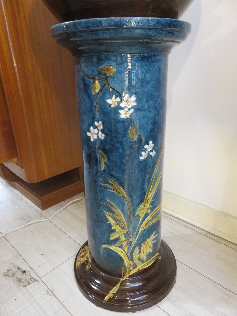 Cache pot et sa colonne en faïence polychrome , double décor floral ,  début XXème-photo-1