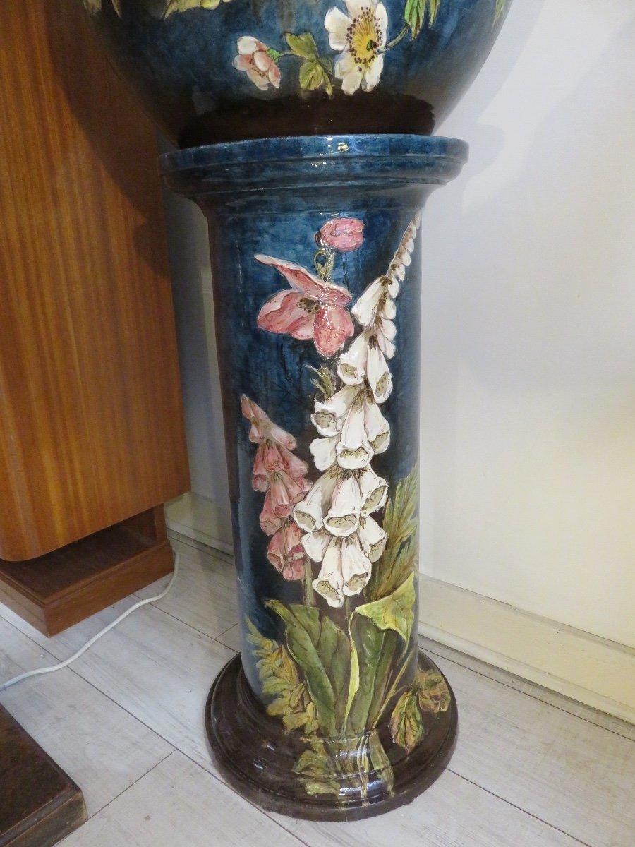 Cache pot et sa colonne en faïence polychrome , double décor floral ,  début XXème-photo-3