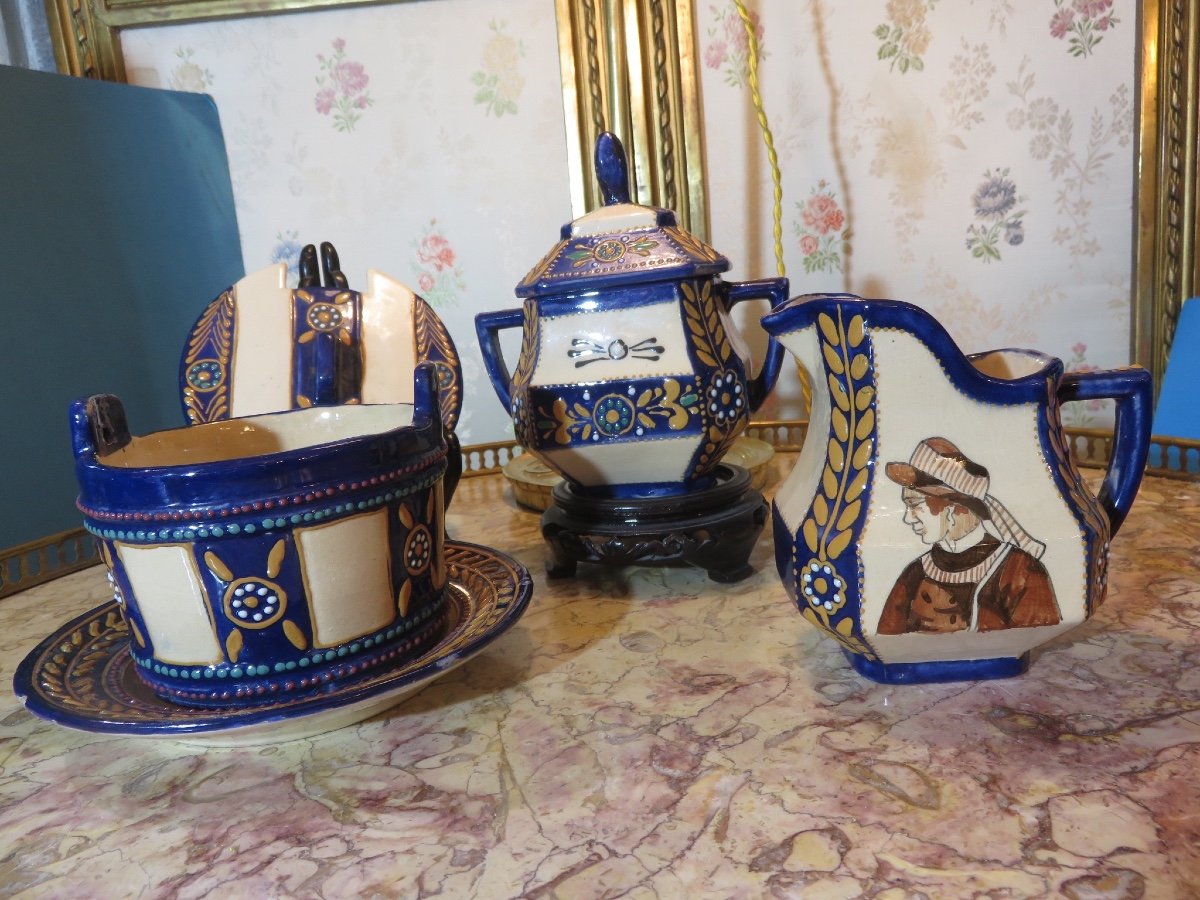 Polychrome Earthenware Tea Service Signed Hb Quimper -photo-1