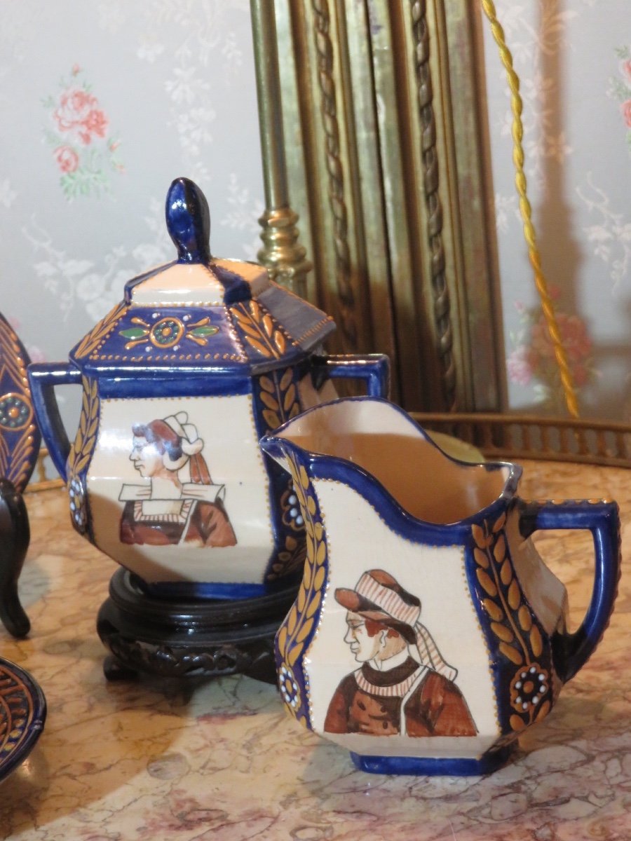 Polychrome Earthenware Tea Service Signed Hb Quimper -photo-3