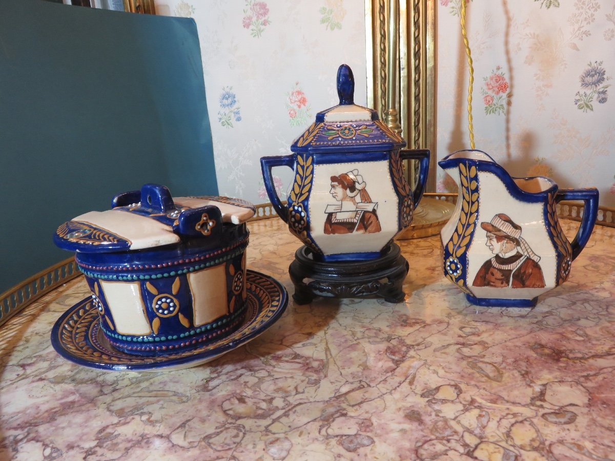 Polychrome Earthenware Tea Service Signed Hb Quimper -photo-5