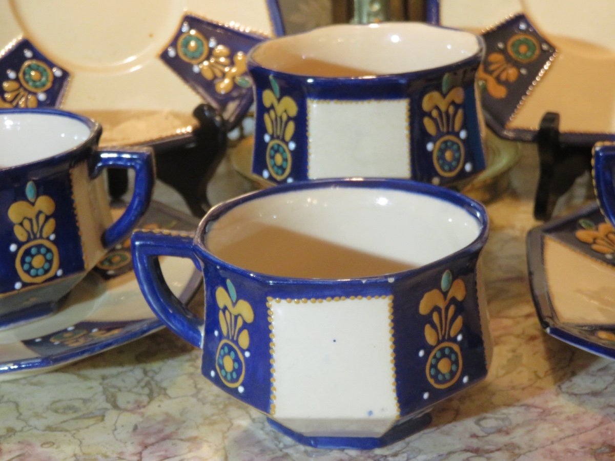 Polychrome Earthenware Tea Service Signed Hb Quimper -photo-6