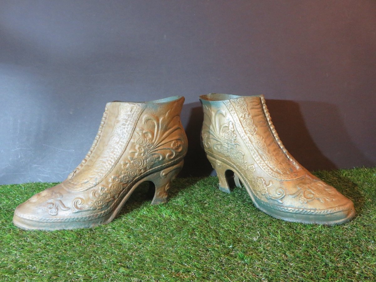 Pair Of Boot-shaped Cache-pots, Cast Iron, Late 19th Century-photo-2