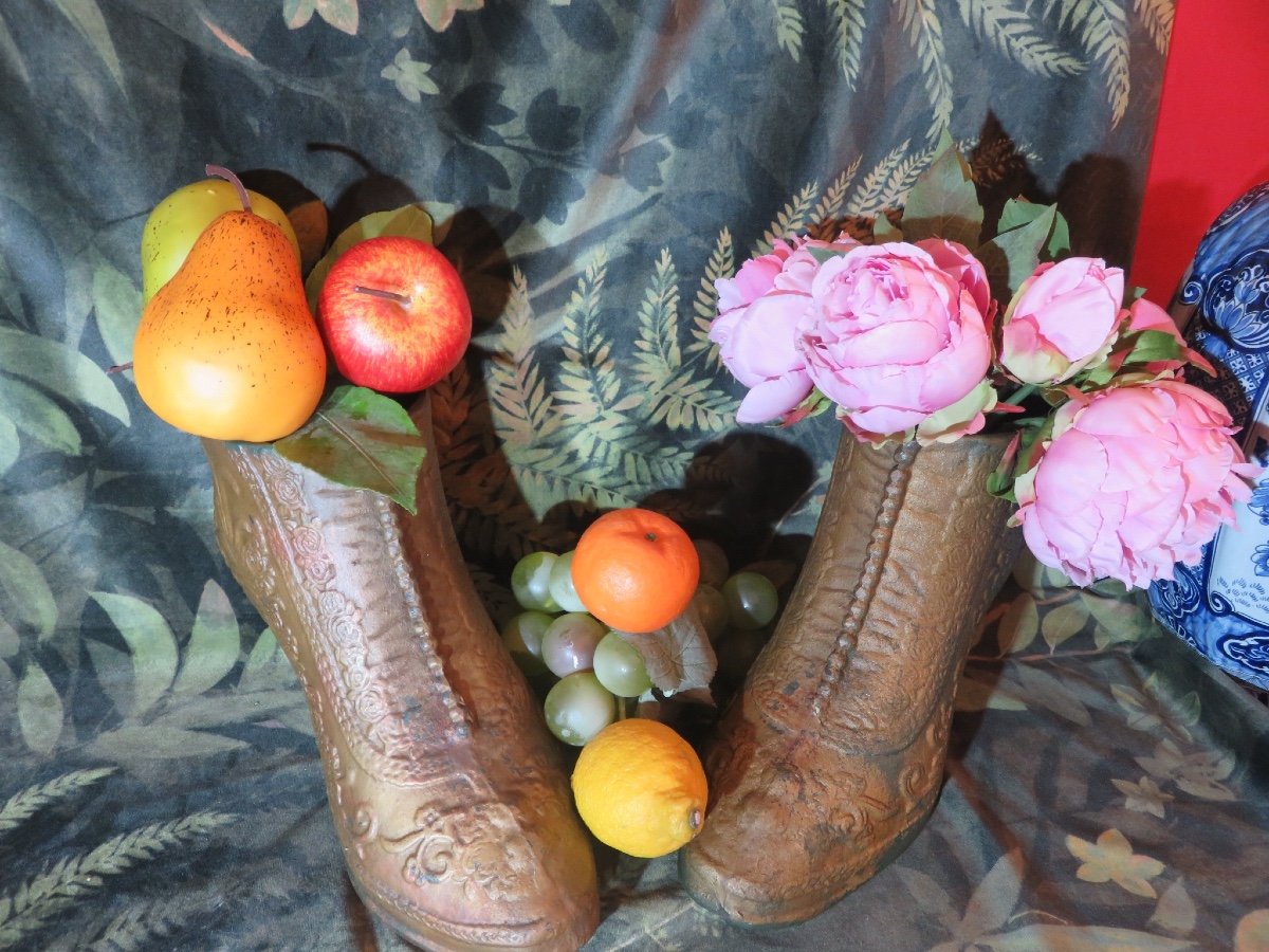 Pair Of Boot-shaped Cache-pots, Cast Iron, Late 19th Century-photo-4