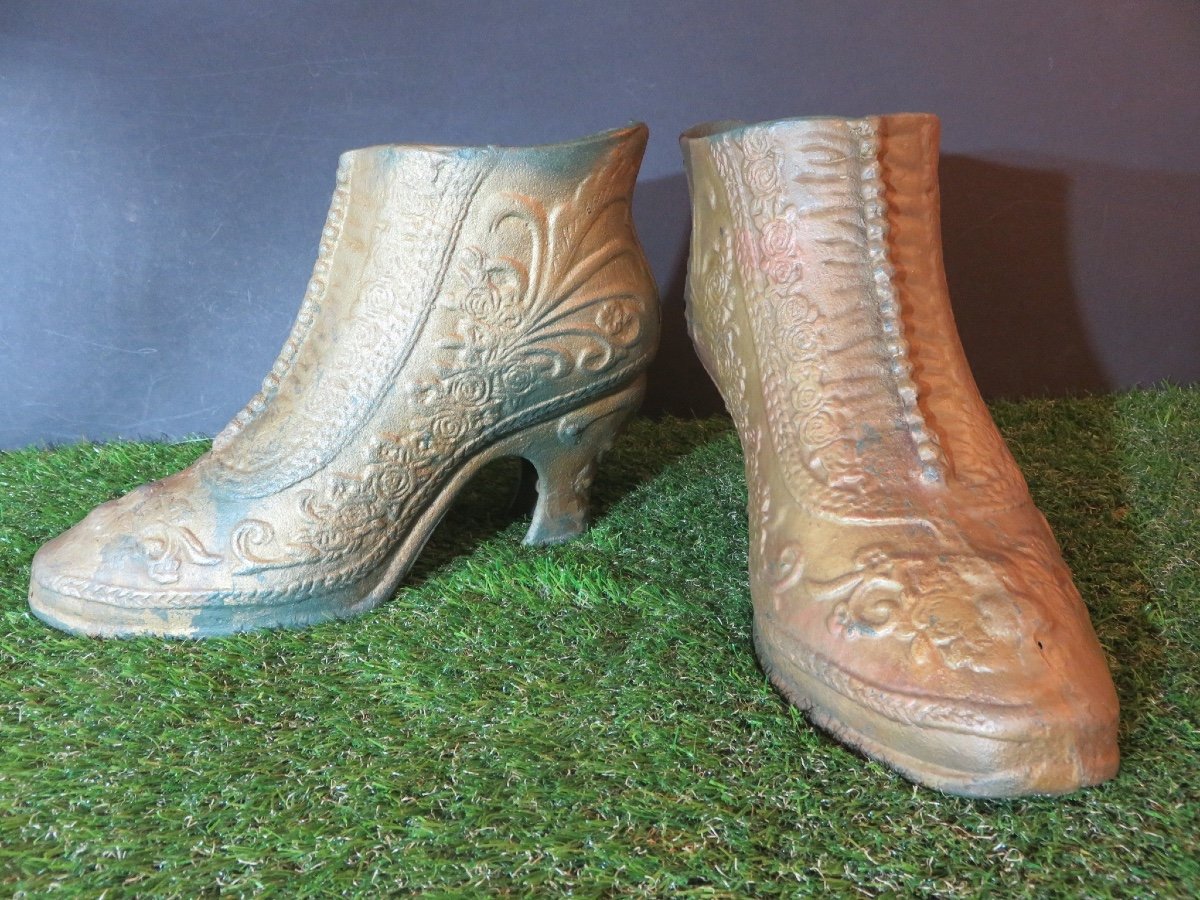 Pair Of Boot-shaped Cache-pots, Cast Iron, Late 19th Century-photo-3