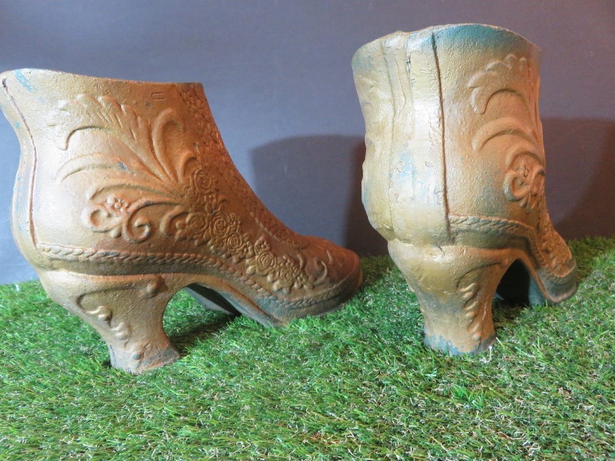 Pair Of Boot-shaped Cache-pots, Cast Iron, Late 19th Century-photo-5