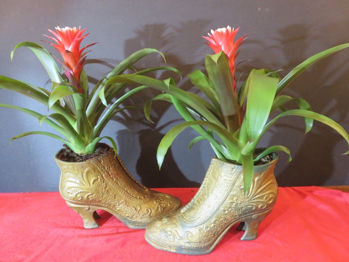 Pair Of Boot-shaped Cache-pots, Cast Iron, Late 19th Century