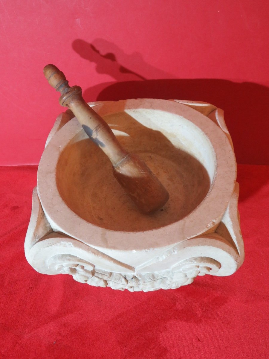 Stone Mortar With Pestle, Worked On All Four Sides, 19th Century-photo-2