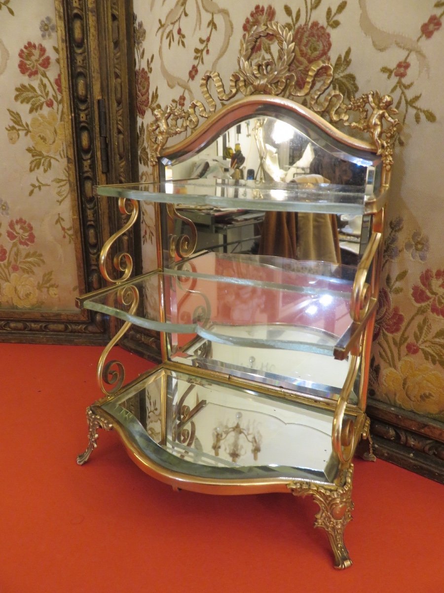 Petite étagère de présentation d'objets de  collection , en verre, miroir  et laiton  1900-photo-2