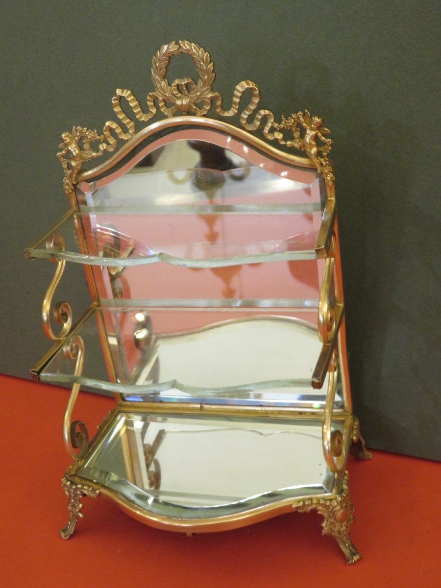 Petite étagère de présentation d'objets de  collection , en verre, miroir  et laiton  1900-photo-3