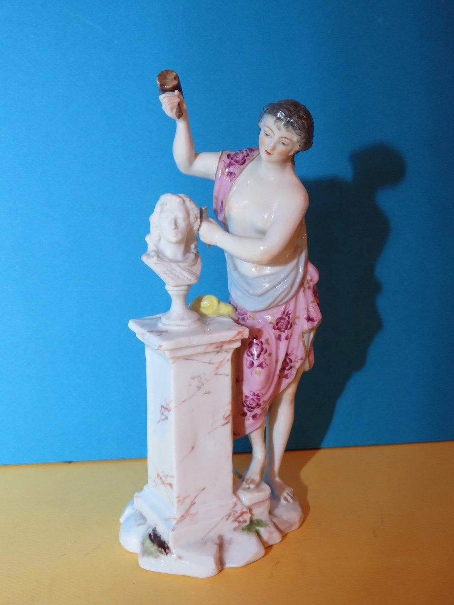 Female Statuette Sculpting A Bust, In Polychrome And Biscuit Porcelain, Samson XIX Brand -photo-2