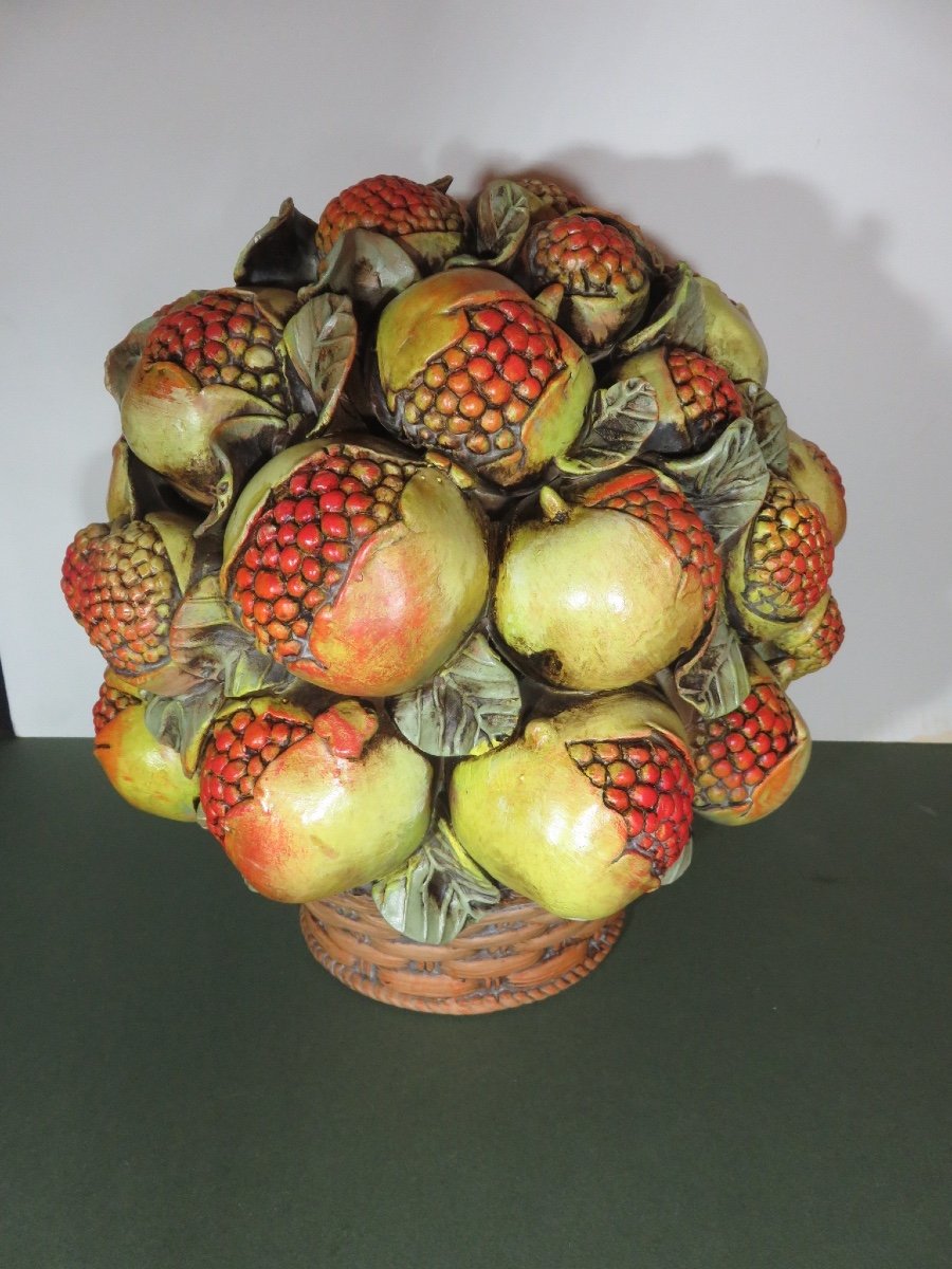 Pomegranate Basket, Centerpiece, (ht 37.5 Cm) In Slip Treated In Trompe l'Oeil -photo-2