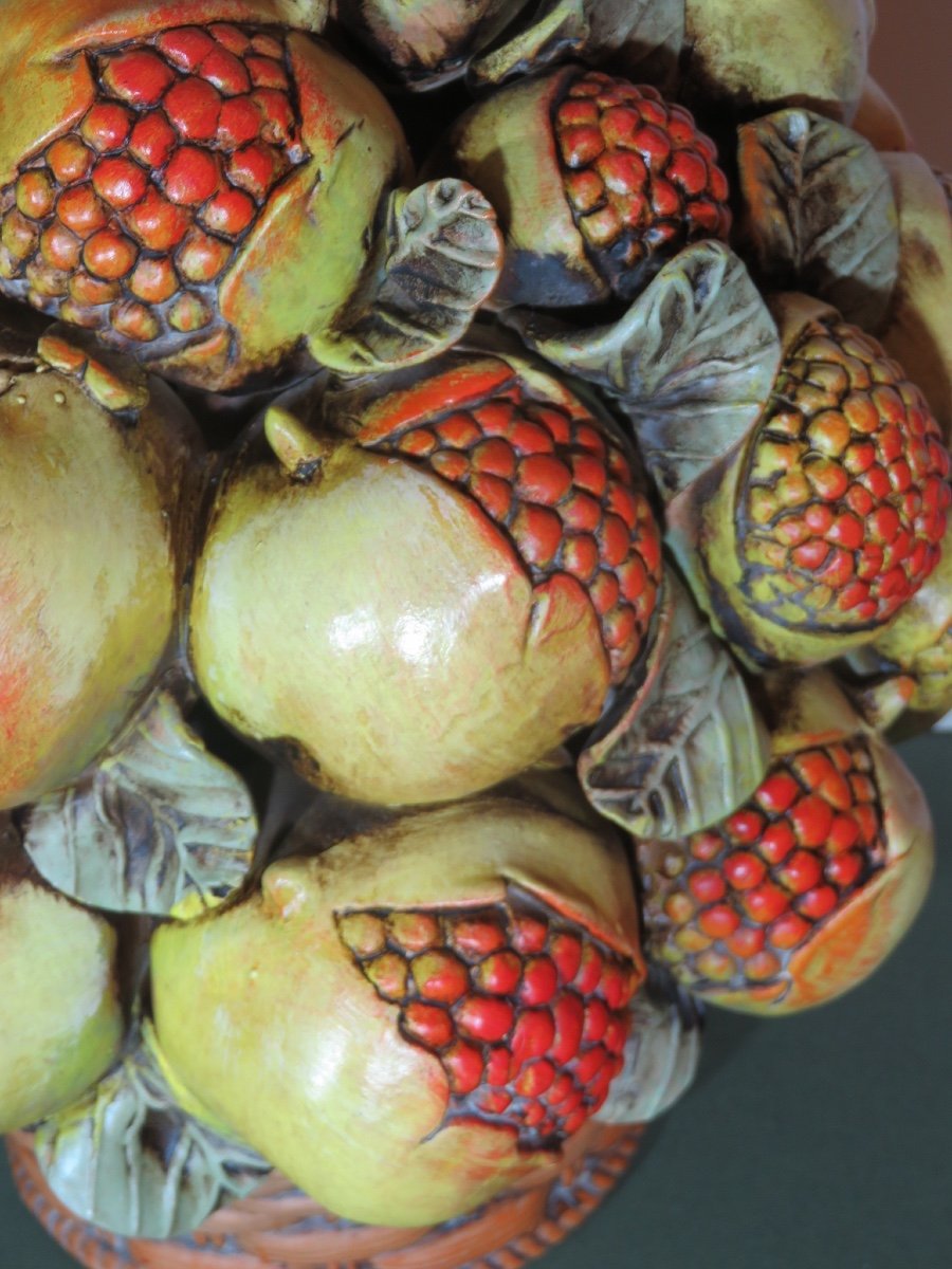 Pomegranate Basket, Centerpiece, (ht 37.5 Cm) In Slip Treated In Trompe l'Oeil -photo-3