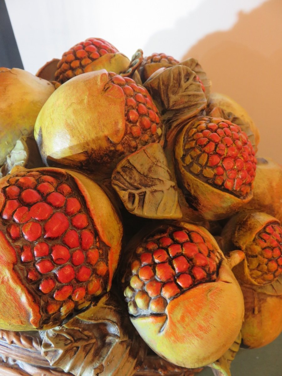 Pomegranate Basket, Centerpiece, (ht 37.5 Cm) In Slip Treated In Trompe l'Oeil -photo-1