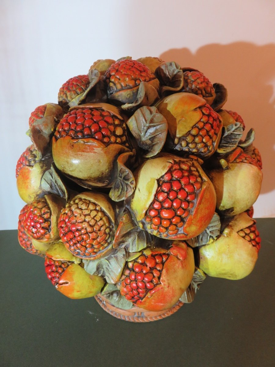 Pomegranate Basket, Centerpiece, (ht 37.5 Cm) In Slip Treated In Trompe l'Oeil -photo-2