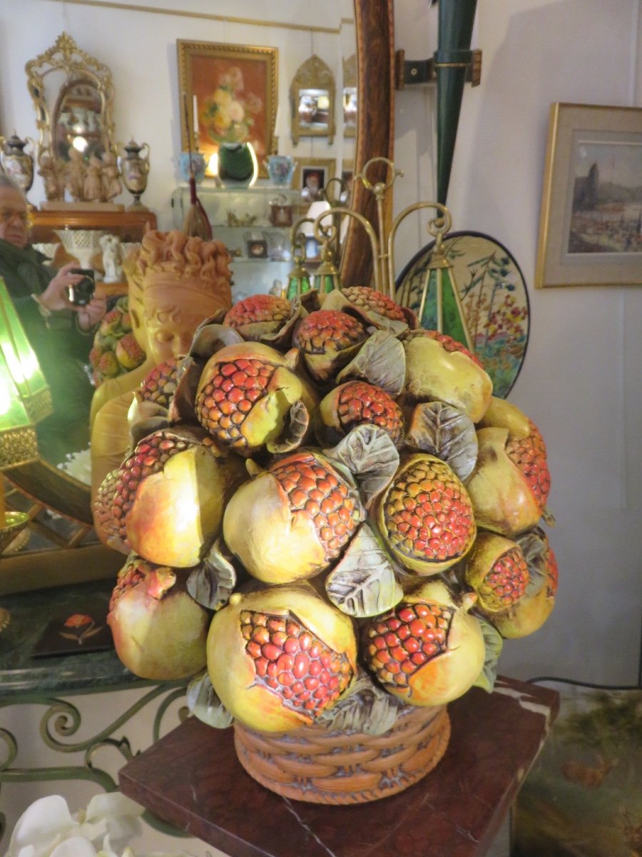 Pomegranate Basket, Centerpiece, (ht 37.5 Cm) In Slip Treated In Trompe l'Oeil -photo-4