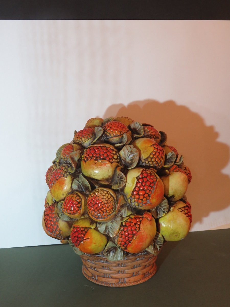 Pomegranate Basket, Centerpiece, (ht 37.5 Cm) In Slip Treated In Trompe l'Oeil -photo-7