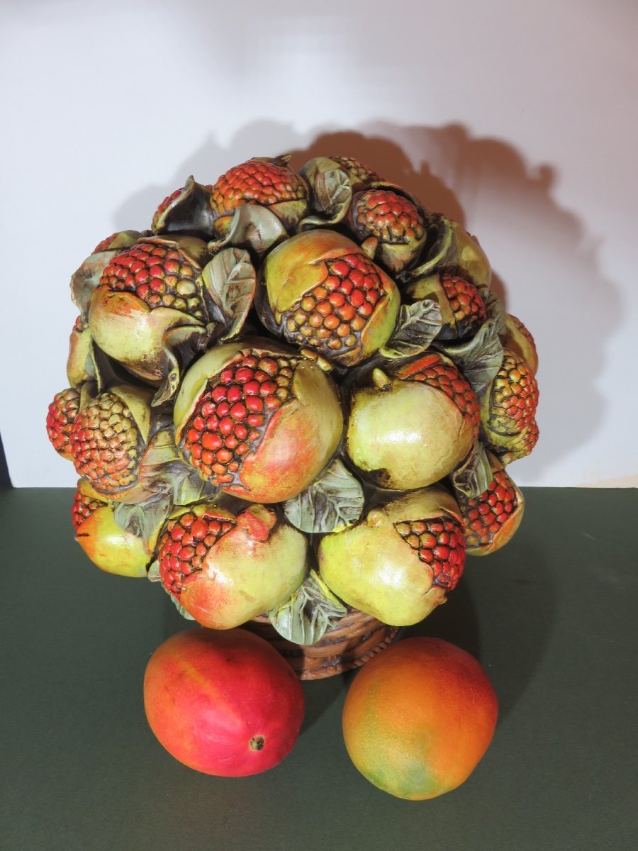 Pomegranate Basket, Centerpiece, (ht 37.5 Cm) In Slip Treated In Trompe l'Oeil -photo-8