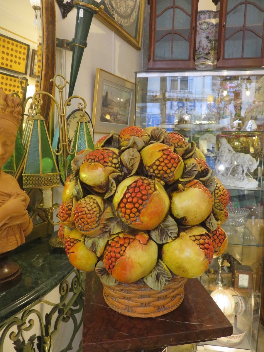 Pomegranate Basket, Centerpiece, (ht 37.5 Cm) In Slip Treated In Trompe l'Oeil 