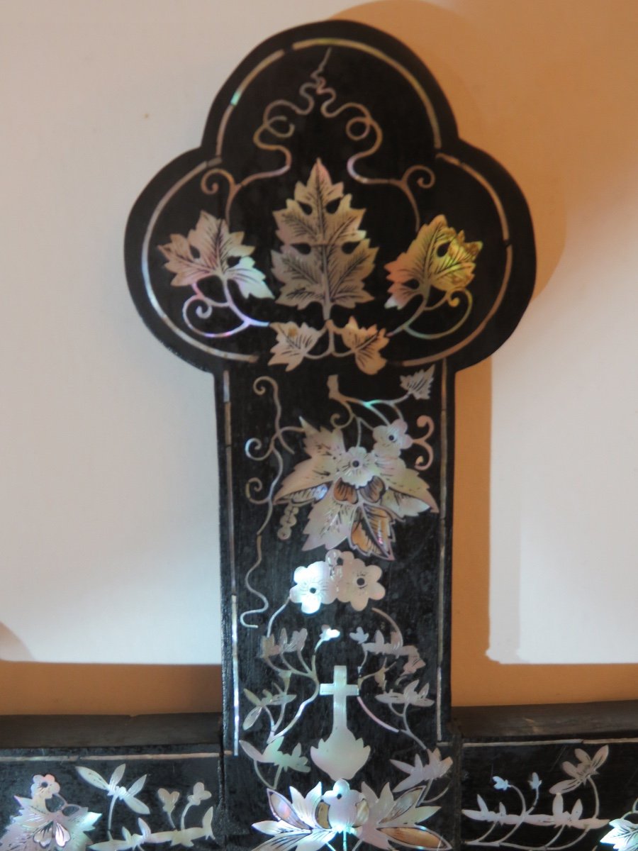 Large Cross (height 44 Cm) Inlaid With Mother-of-pearl, Indochina, 19th Century-photo-2