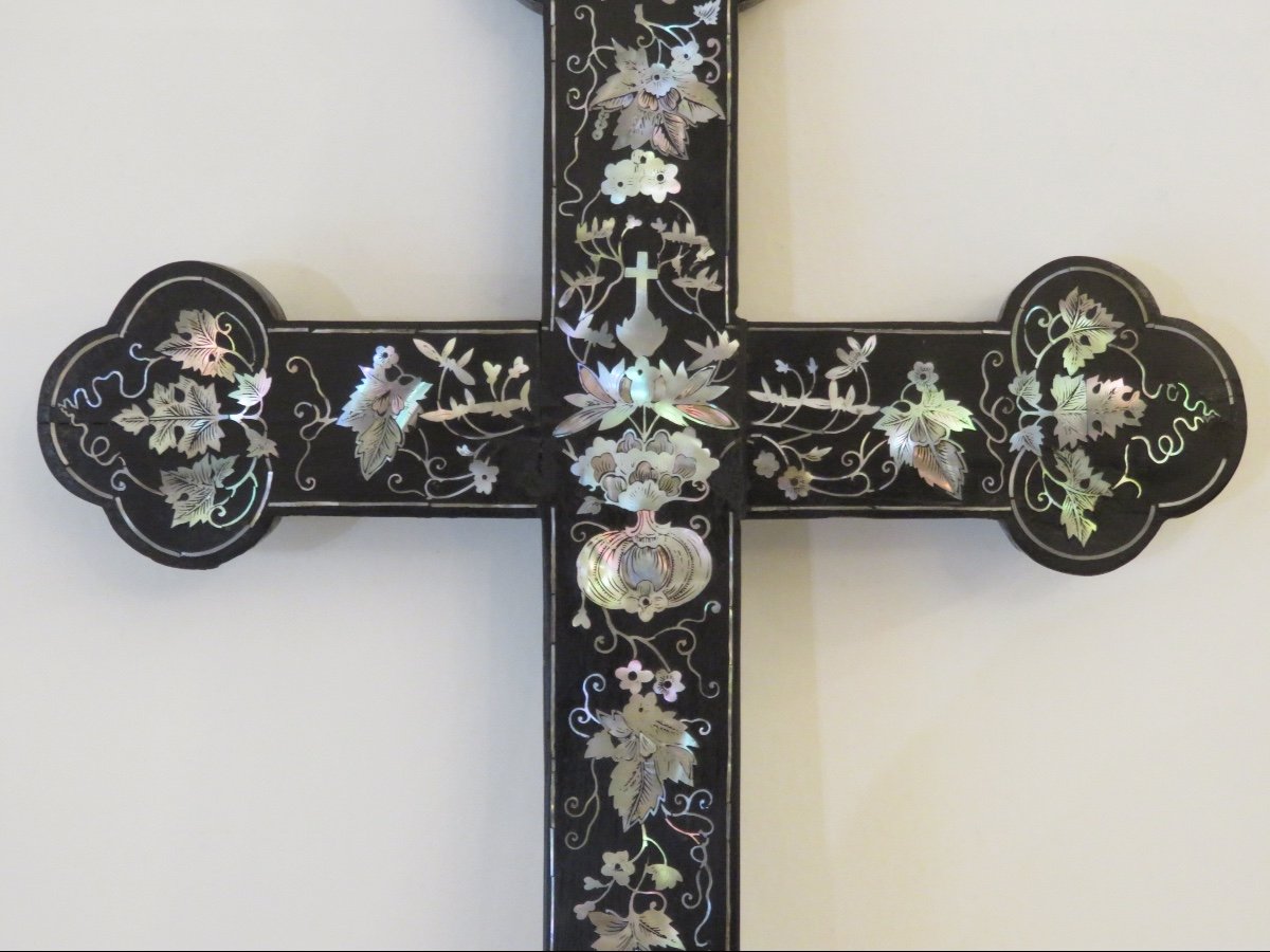 Large Cross (height 44 Cm) Inlaid With Mother-of-pearl, Indochina, 19th Century-photo-3