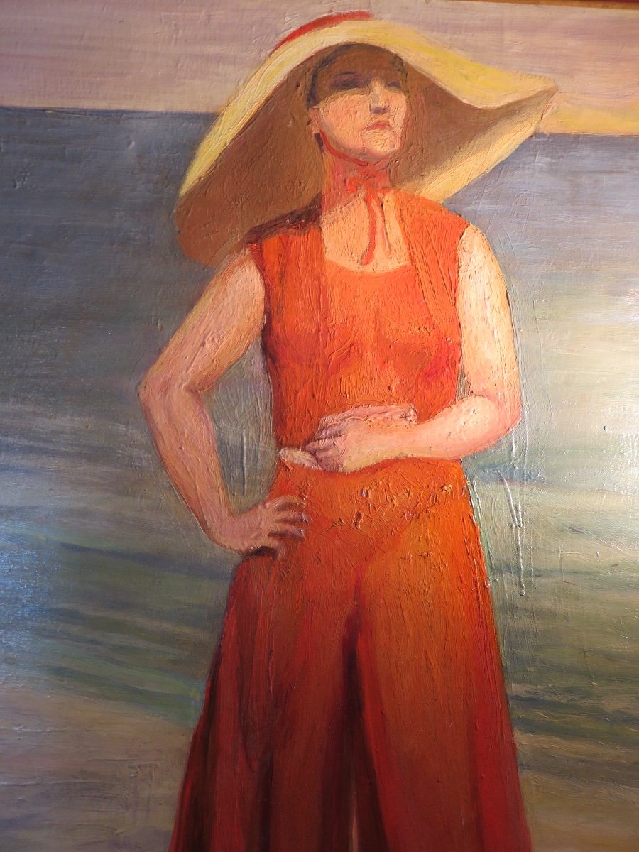 Oil On Canvas Signed I. Gaumont: Woman With Hat 20th Century-photo-4