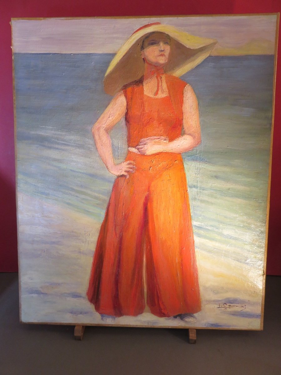 Oil On Canvas Signed I. Gaumont: Woman With Hat 20th Century-photo-2