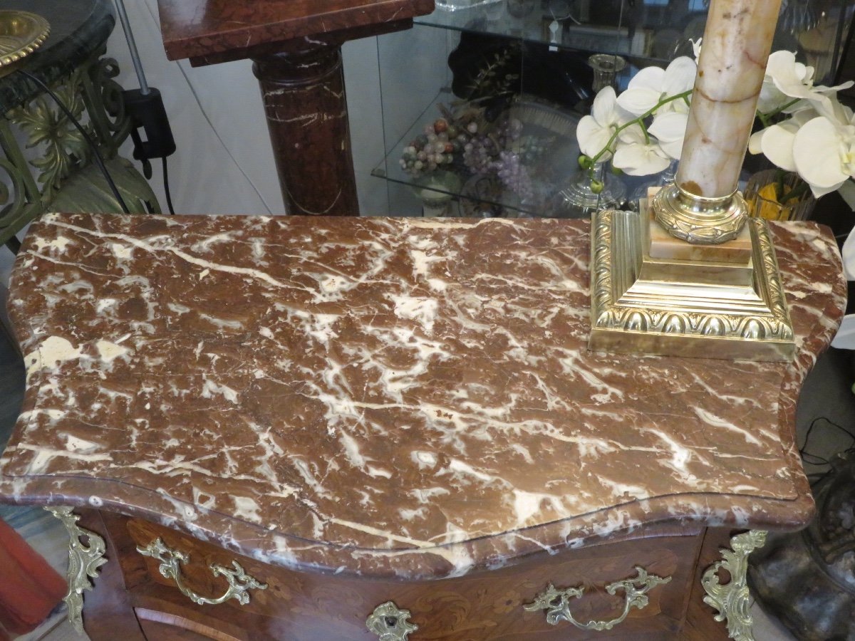 Curved Chest Of Drawers, Inlaid, Marble Top, 19th Century-photo-2