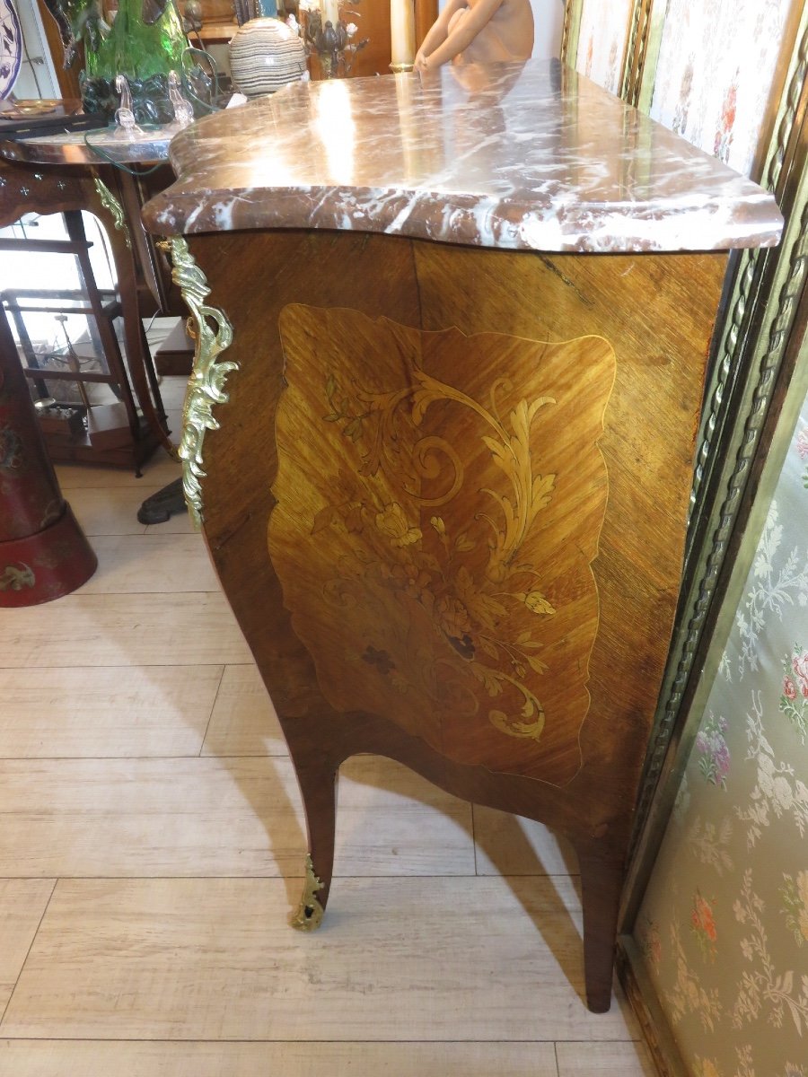 Curved Chest Of Drawers, Inlaid, Marble Top, 19th Century-photo-2