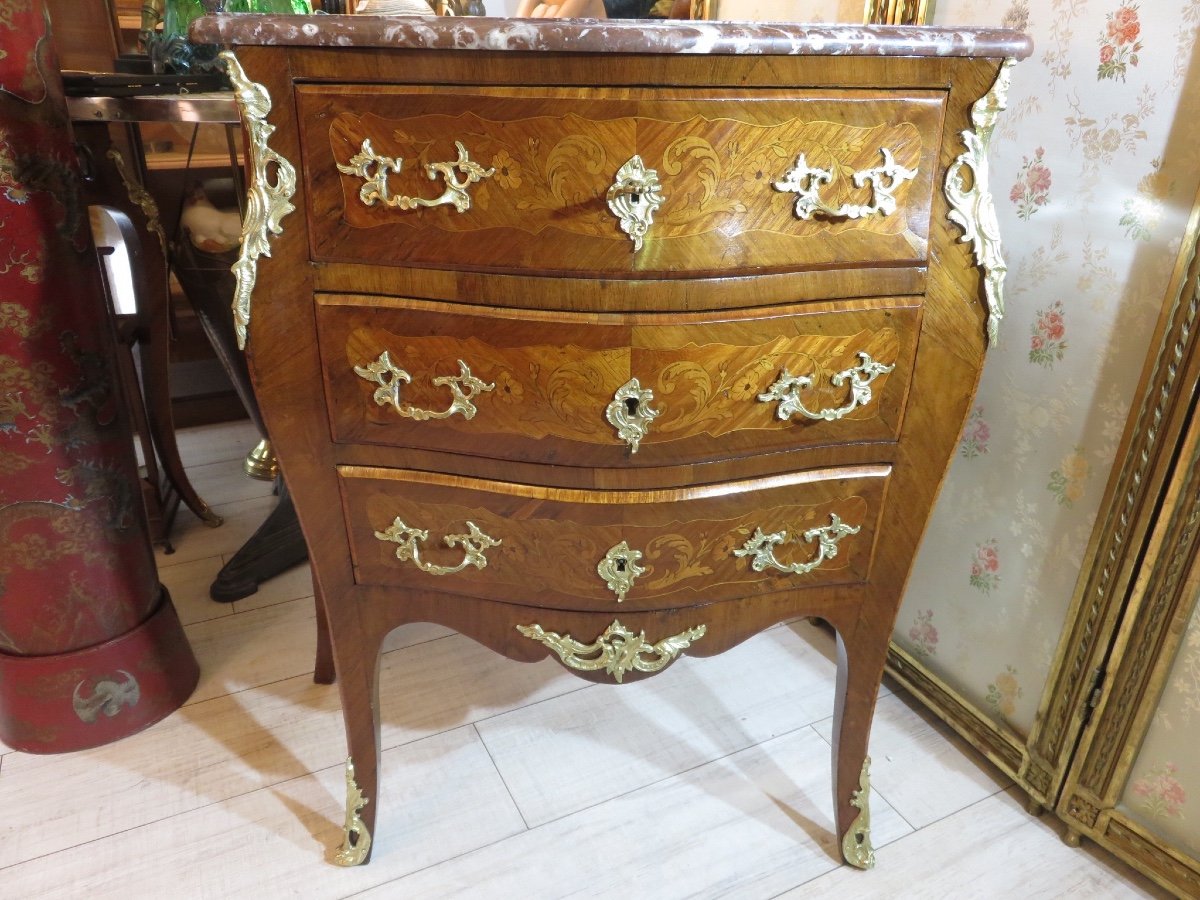 Commode galbée , marquetée  , dessus de marbre époque  XIX ème-photo-5