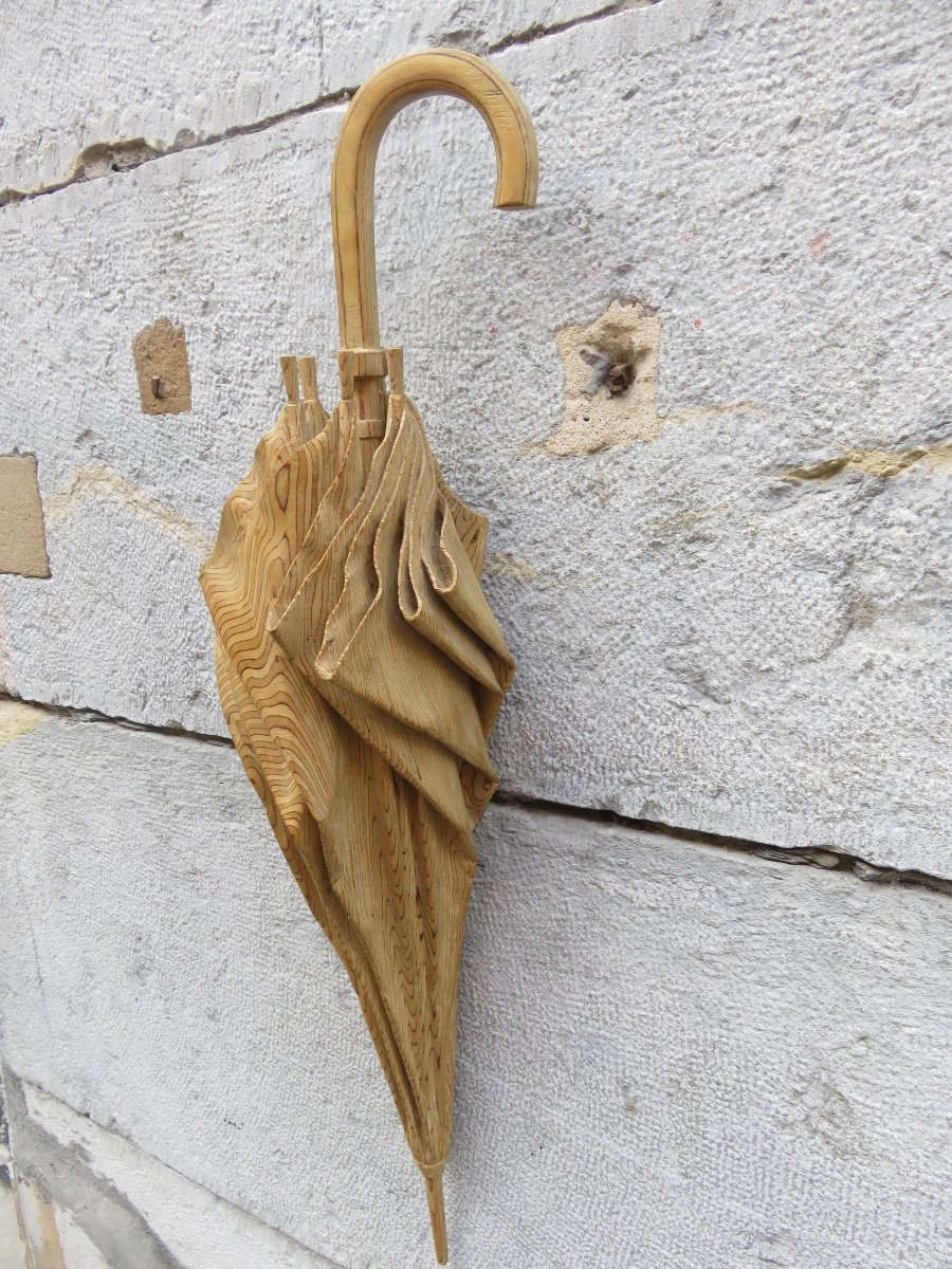 Wooden Sculpture, Trompe l'Oeil, "umbrella" By Guy Burais (1911-2004)-photo-5