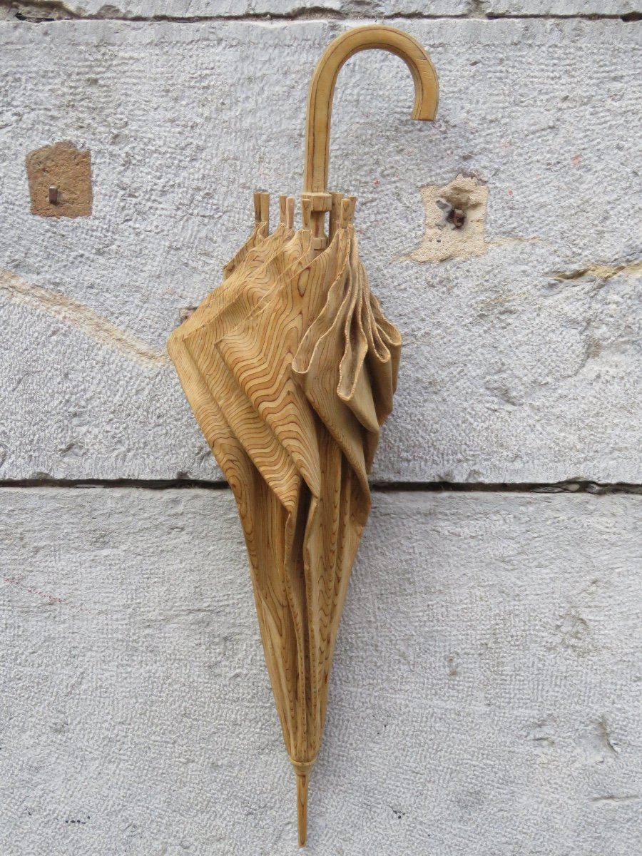 Wooden Sculpture, Trompe l'Oeil, "umbrella" By Guy Burais (1911-2004)