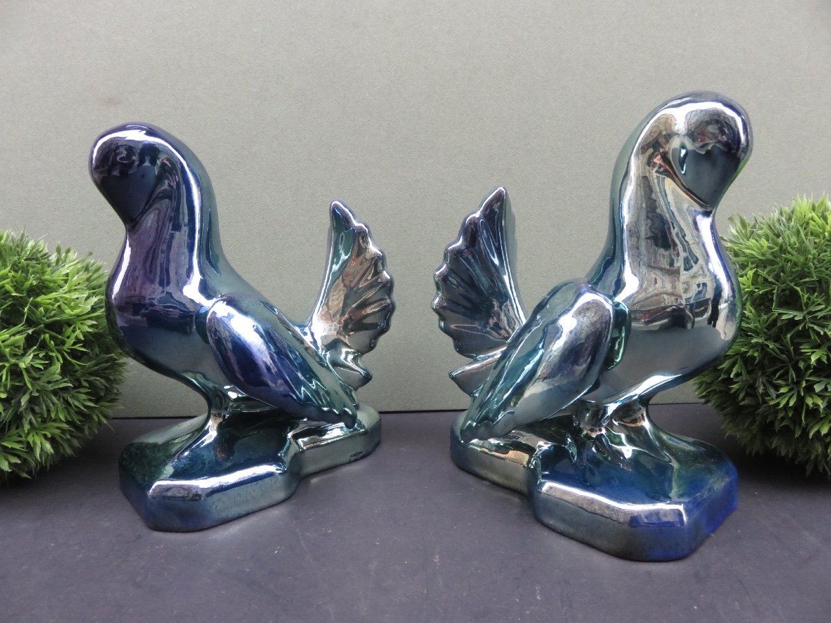 Pair Of Bookends: Turtledoves In Flamed Stoneware From Rambervillers-photo-3