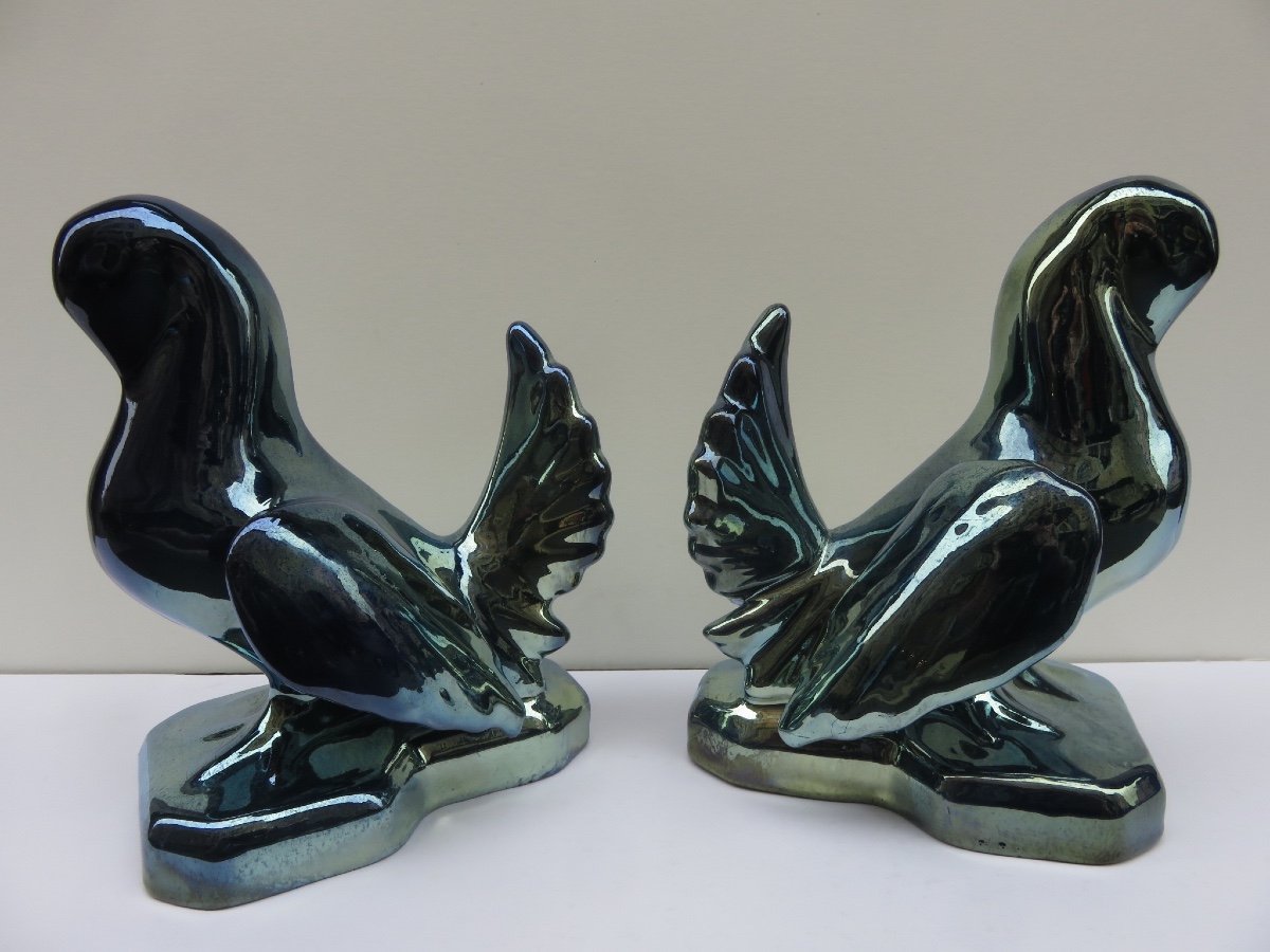 Pair Of Bookends: Turtledoves In Flamed Stoneware From Rambervillers-photo-2