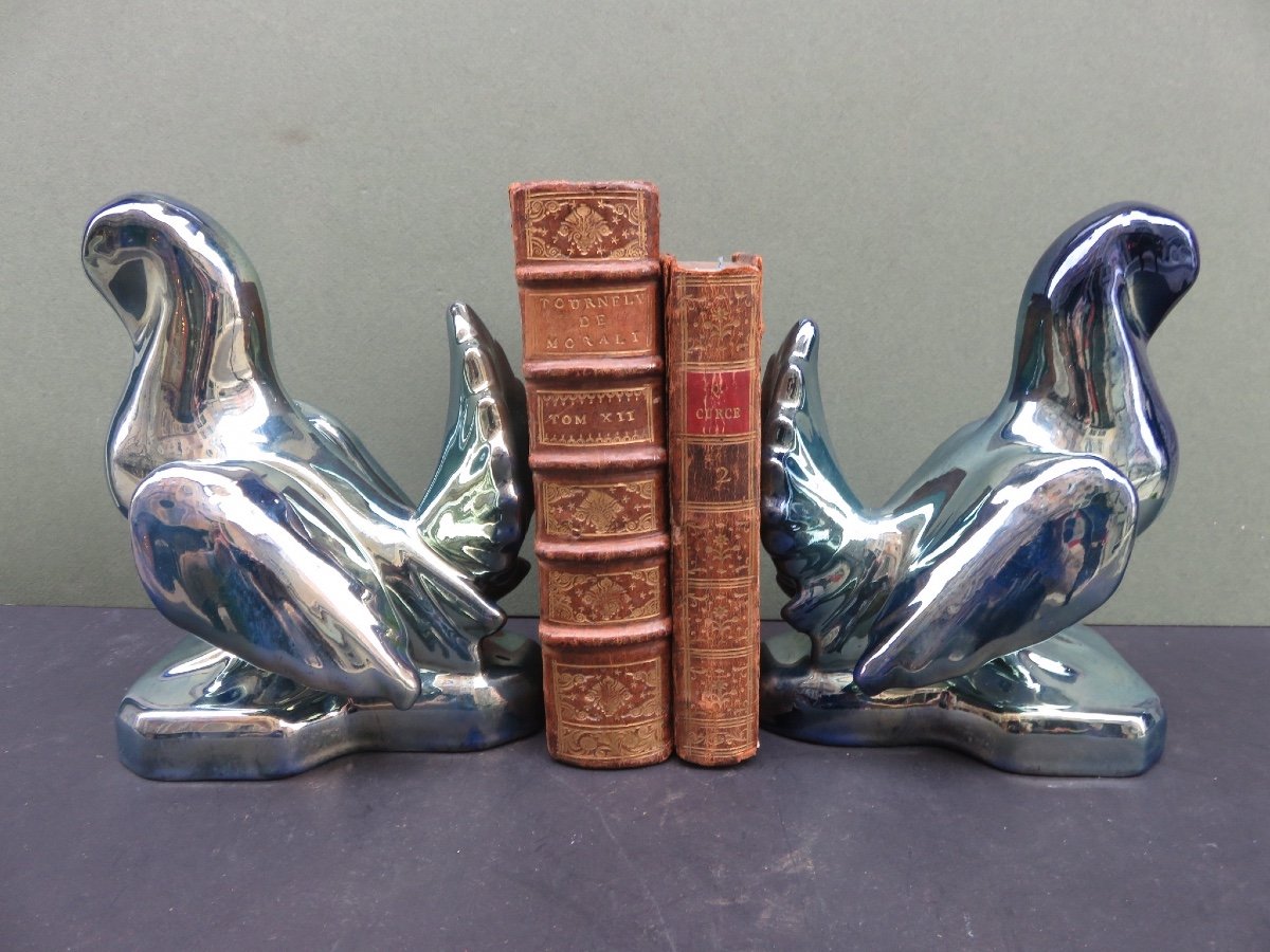 Pair Of Bookends: Turtledoves In Flamed Stoneware From Rambervillers