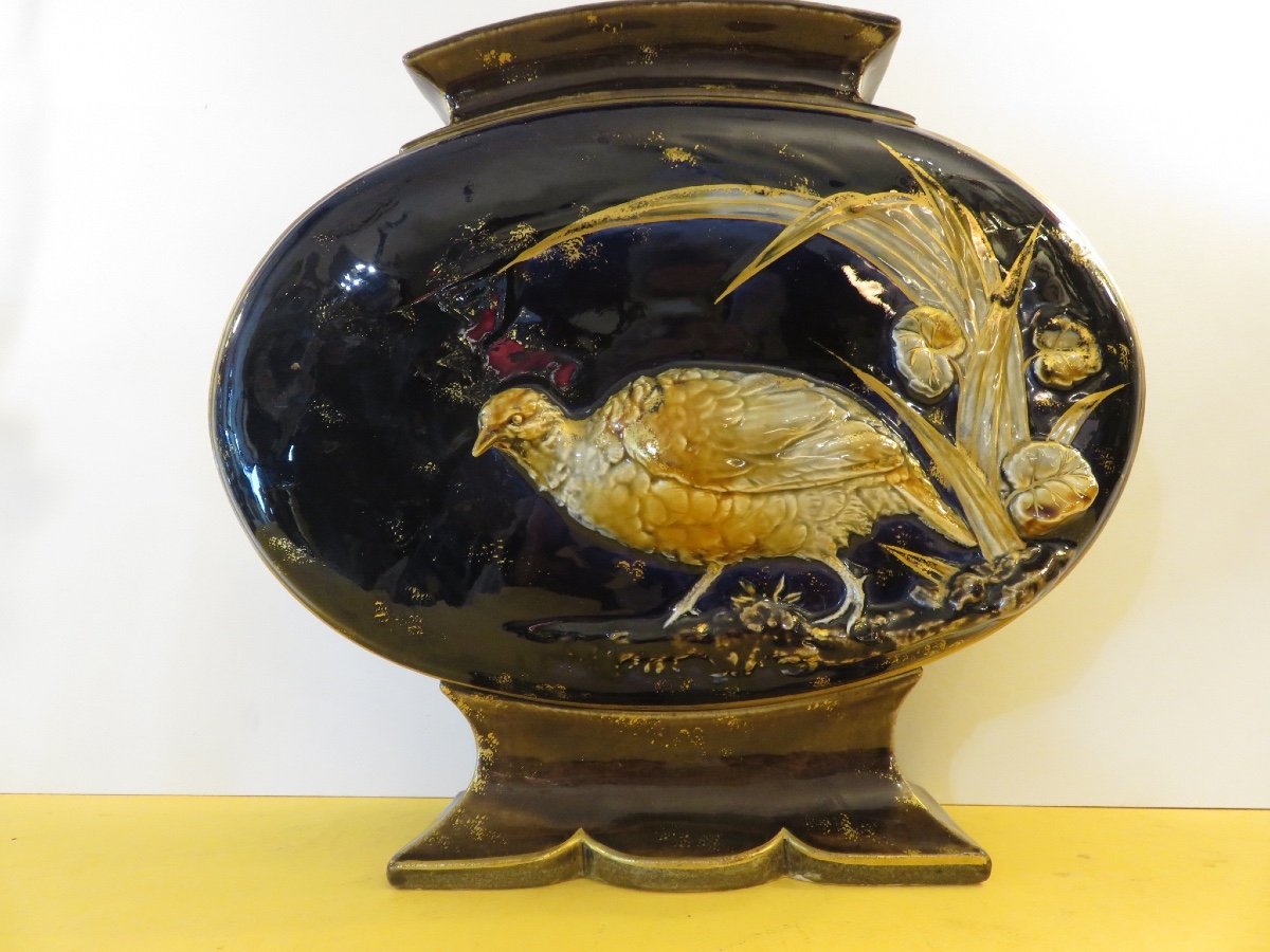 Oval-bodied Vase With Partridge Decoration By Hyppolite Boulenger & Cie In Choisy-le-roi, 19th Century