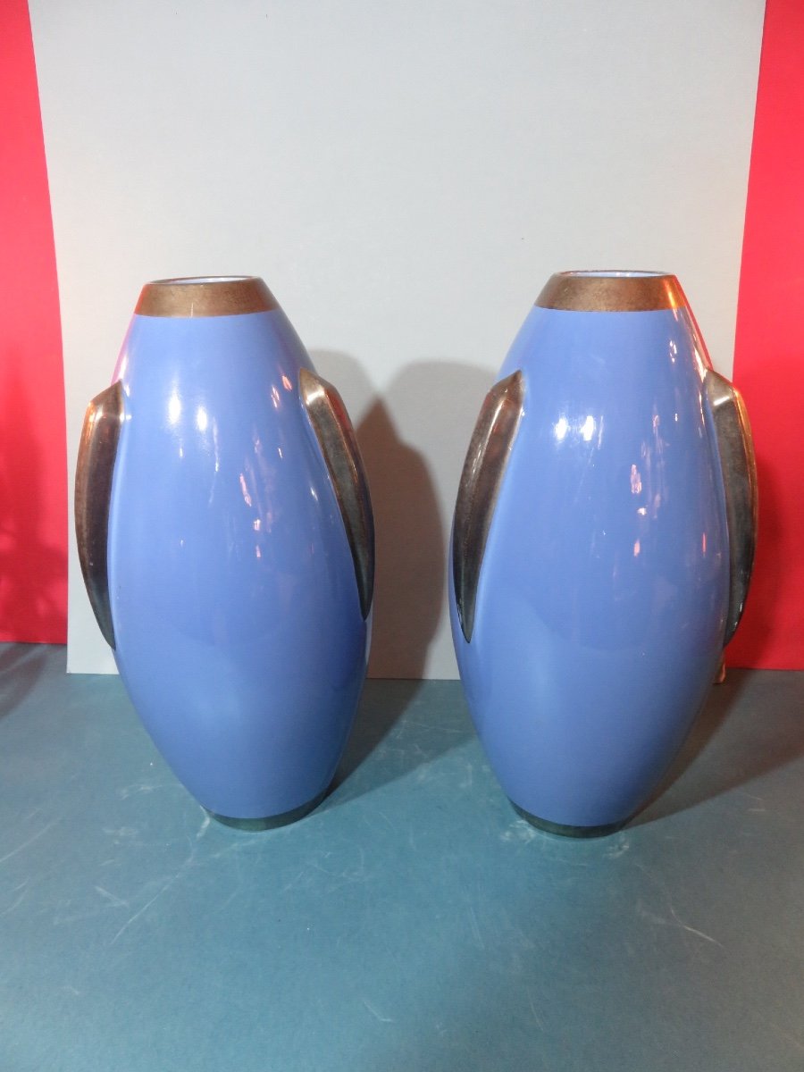 Paire de grands vases ( HT:36 ) en céramique de Tours ,modèle fusée ,années 1930  Pinon Maurice-photo-2