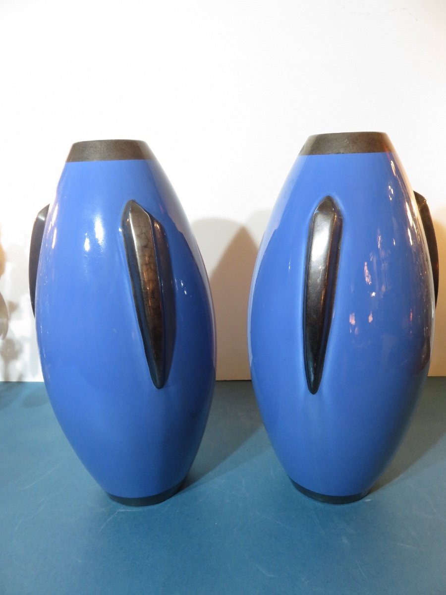 Paire de grands vases ( HT:36 ) en céramique de Tours ,modèle fusée ,années 1930  Pinon Maurice-photo-3