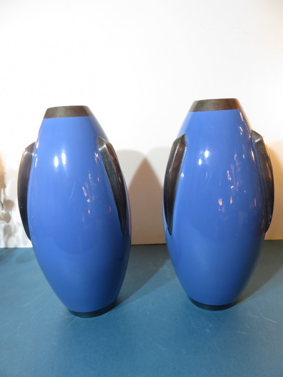 Paire de grands vases ( HT:36 ) en céramique de Tours ,modèle fusée ,années 1930  Pinon Maurice-photo-5