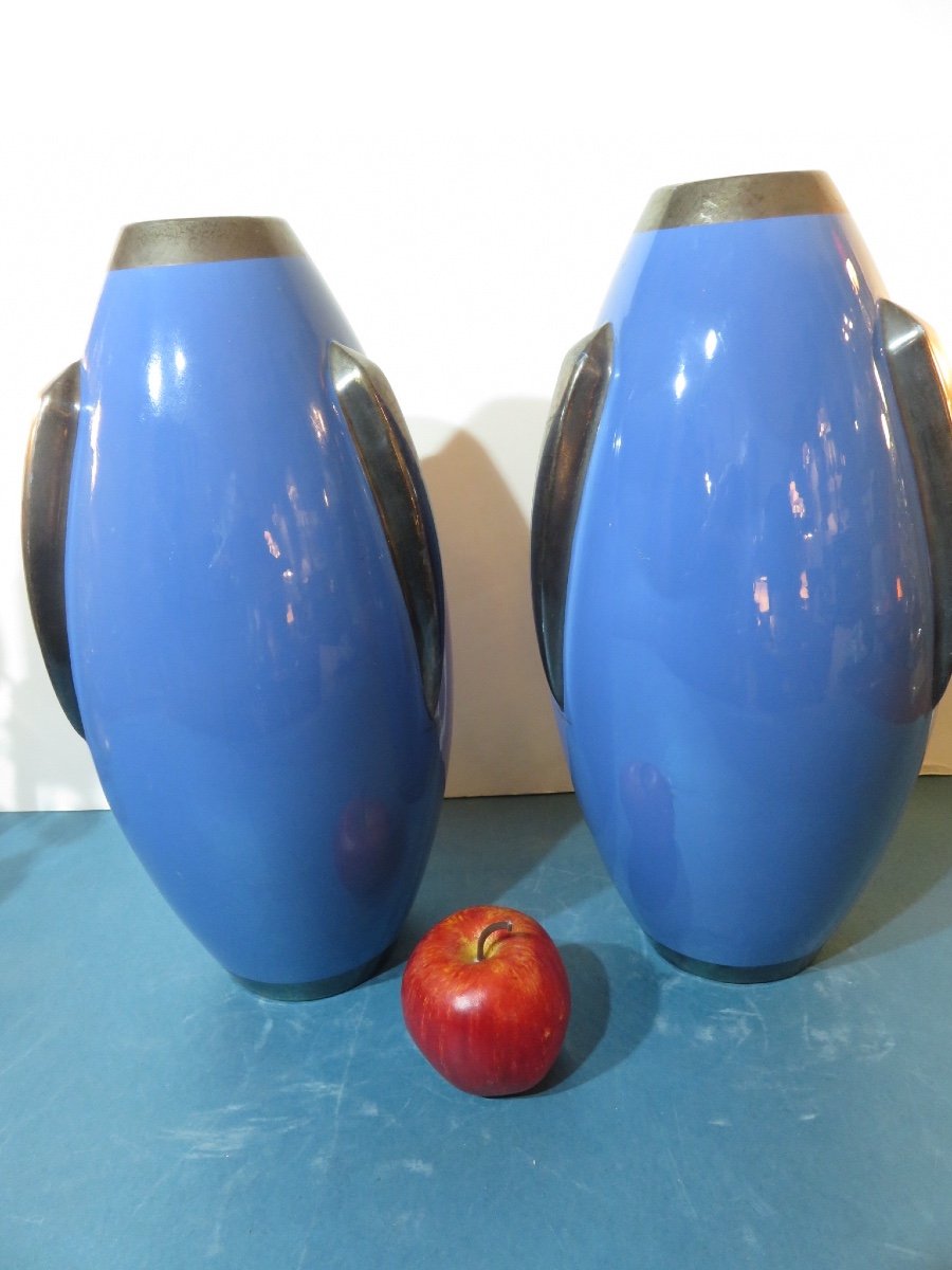 Paire de grands vases ( HT:36 ) en céramique de Tours ,modèle fusée ,années 1930  Pinon Maurice