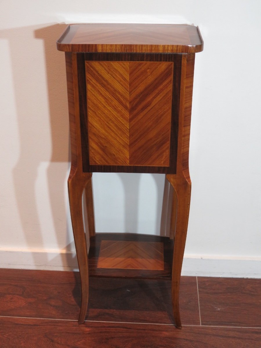 Bedside Table Or Center Cabinet, Marquetry On All Four Sides, With Three Drawers, 20th Century-photo-3