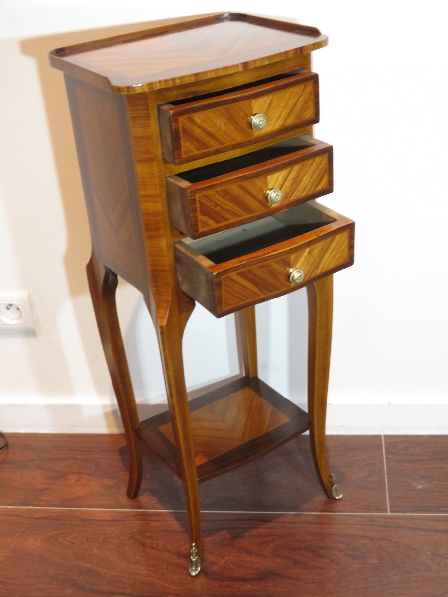 Bedside Table Or Center Cabinet, Marquetry On All Four Sides, With Three Drawers, 20th Century-photo-1