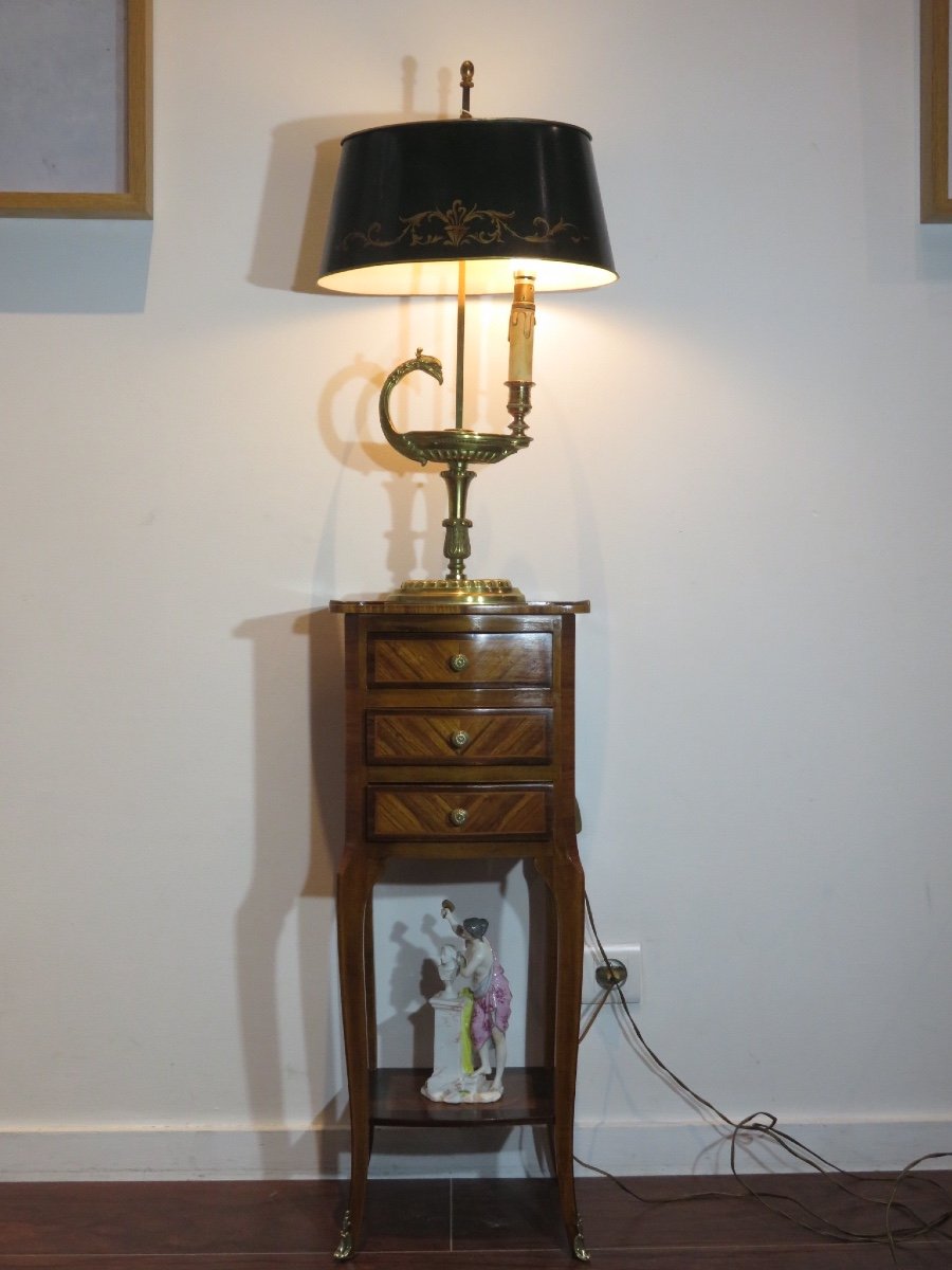 Bedside Table Or Center Cabinet, Marquetry On All Four Sides, With Three Drawers, 20th Century-photo-7