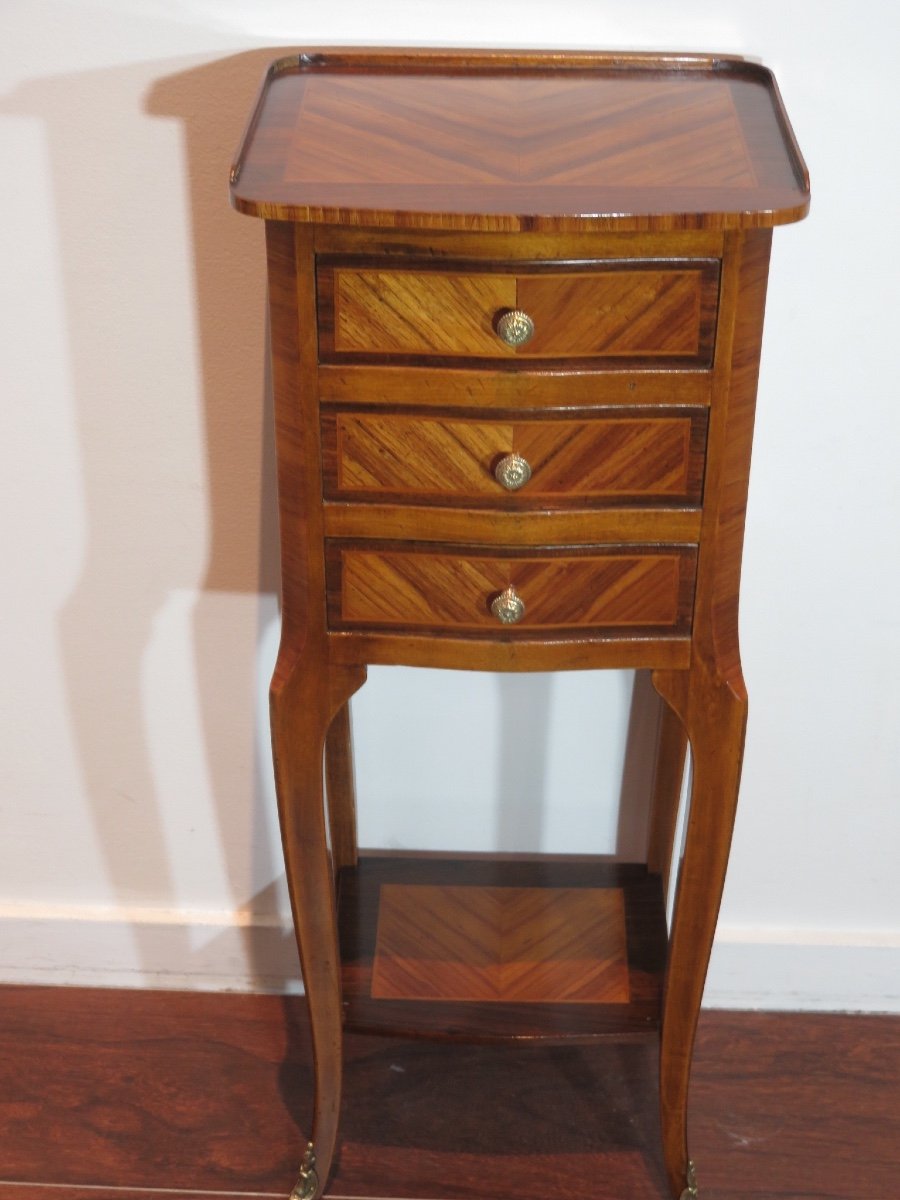 Bedside Table Or Center Cabinet, Marquetry On All Four Sides, With Three Drawers, 20th Century