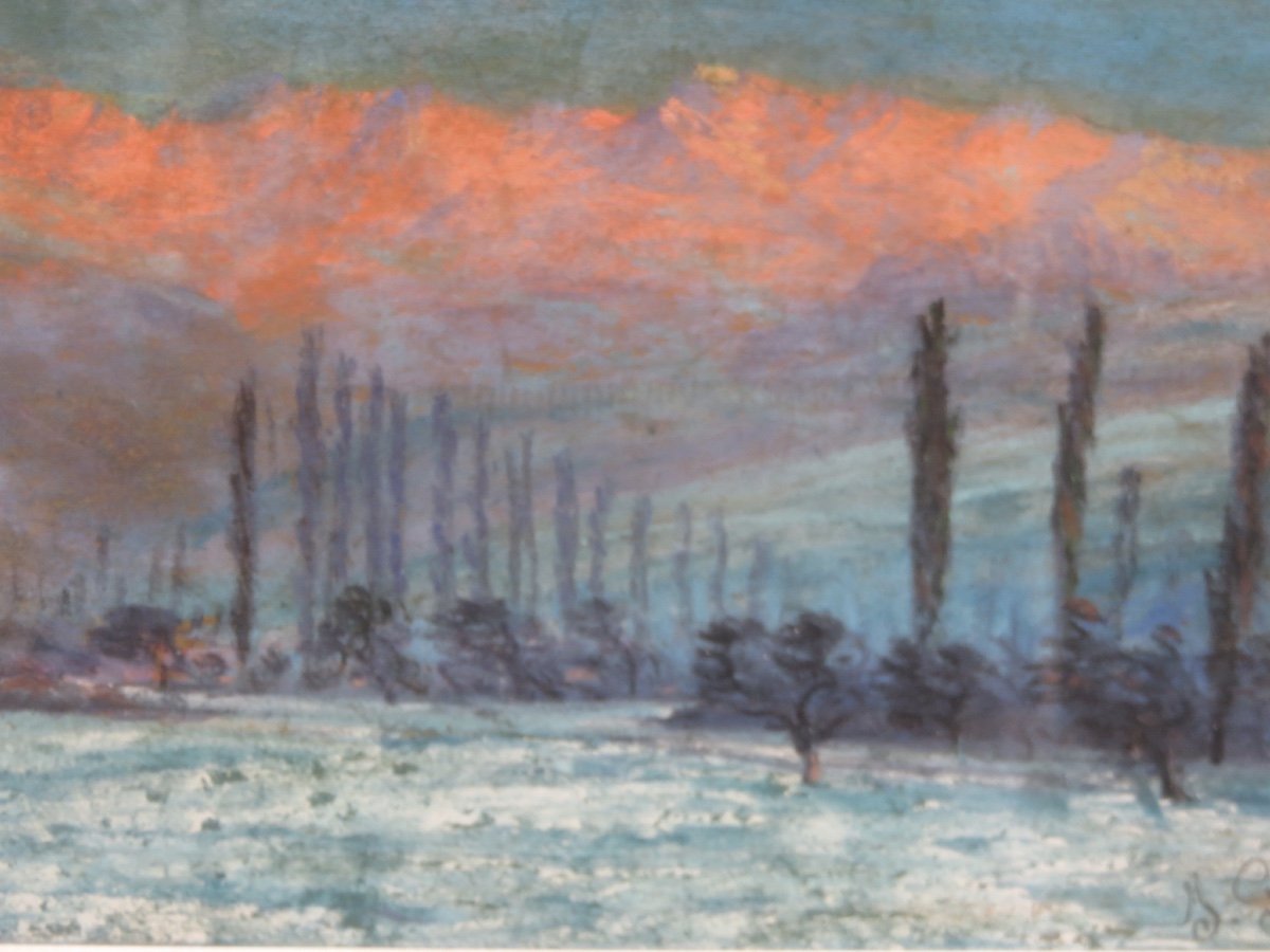 Joseph Giraud (19th - 20th Century) Pastel: Sunset On The Belledonne Mountain Range 1927-photo-2