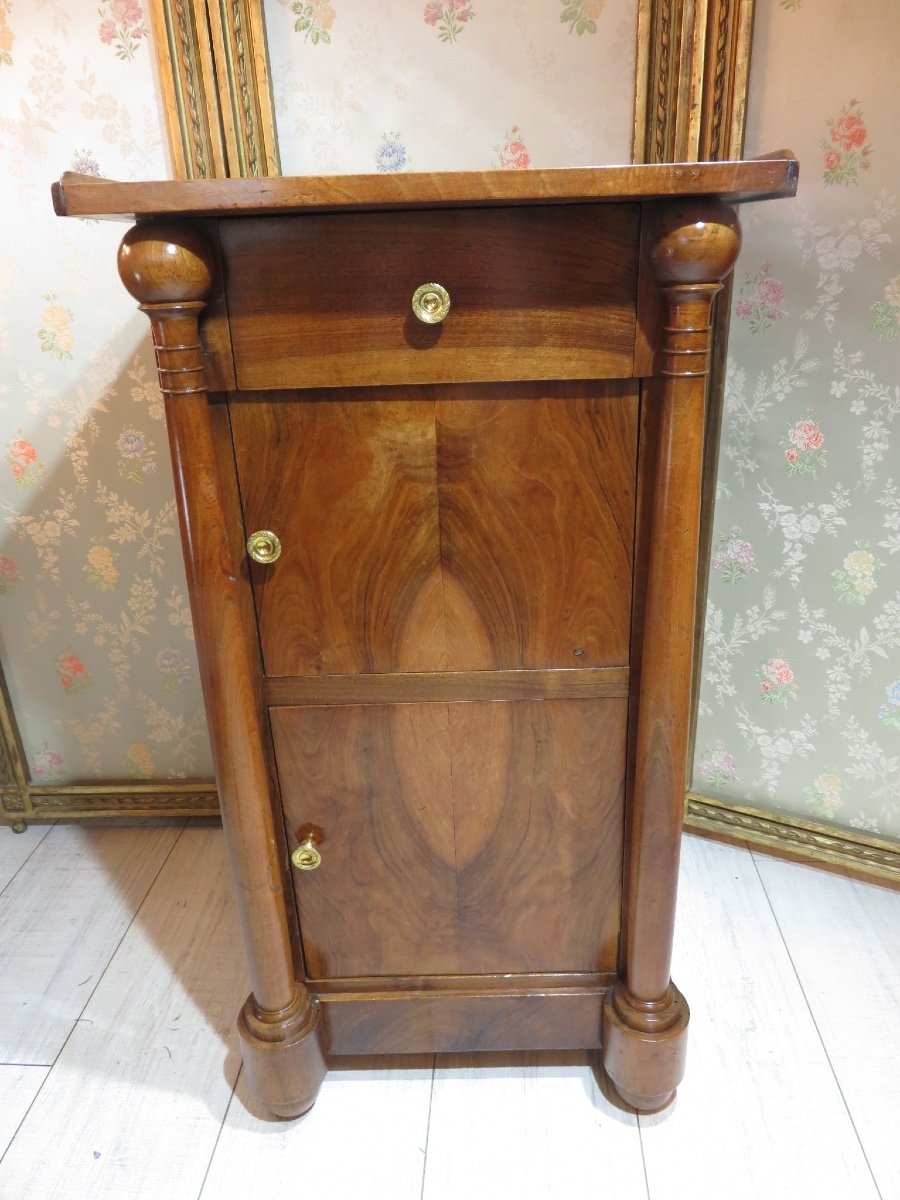 Empire Period Bedside Table Or Side Table, With Detached Columns, Two Doors, In Walnut -photo-2