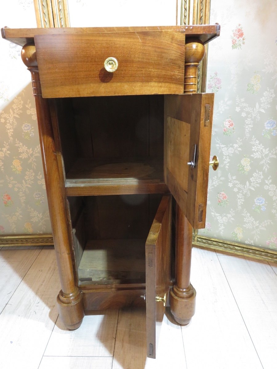 Empire Period Bedside Table Or Side Table, With Detached Columns, Two Doors, In Walnut -photo-3